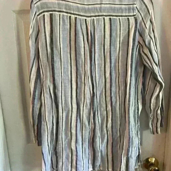 c and c california 100% Linen Shirt Blouse Small Oversized Pink Strip Tassels - Picture 5 of 7